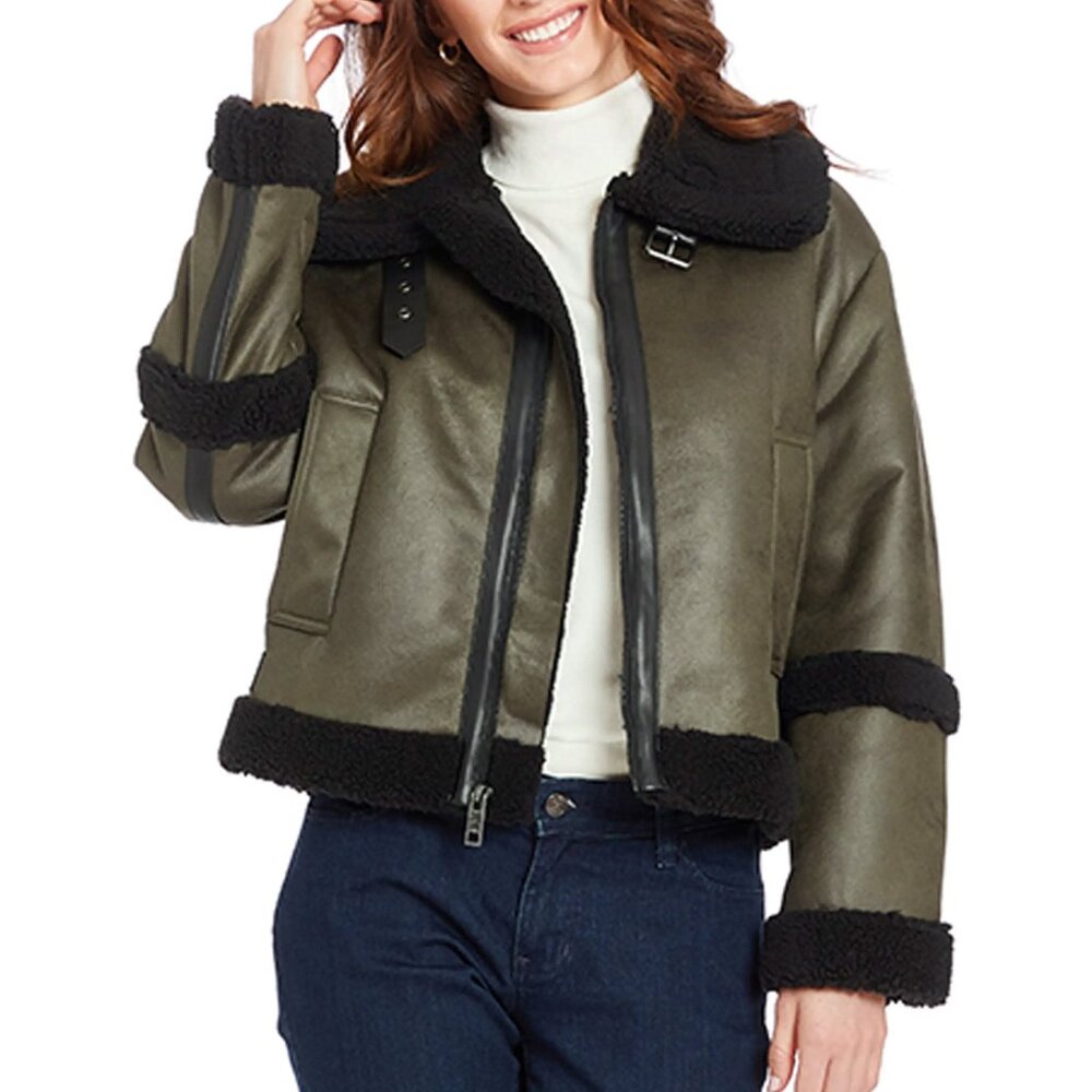 NEW Frye Women Water Resistant Faux Leather Shearling Aviator Jacket Coat - XL